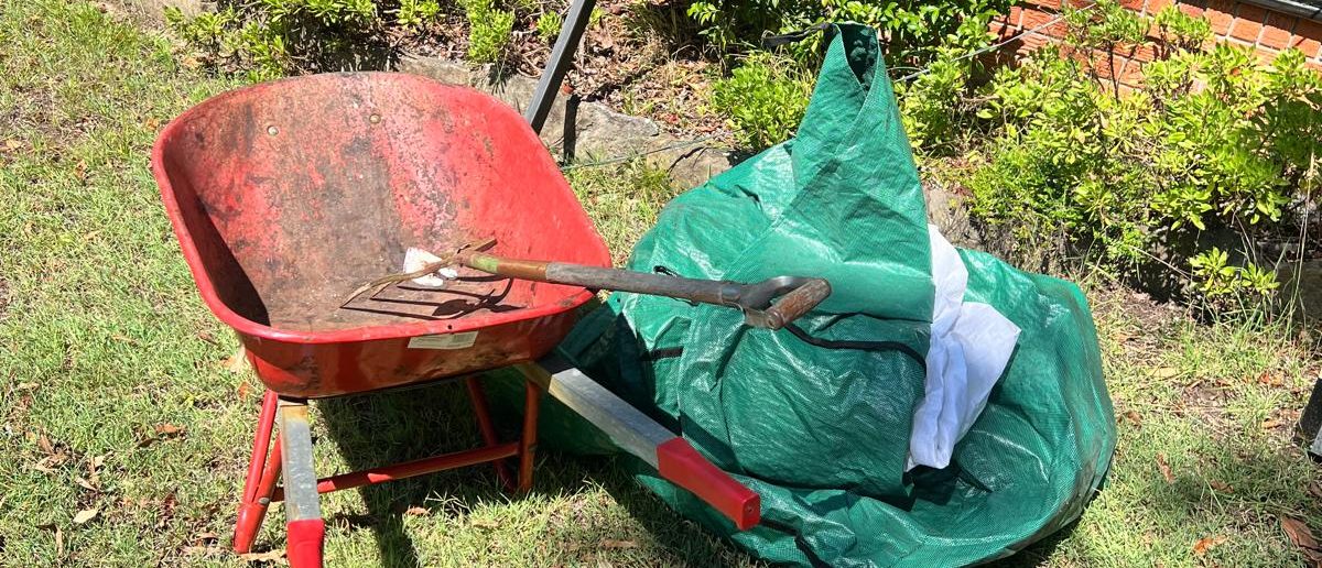 Garden waste and a wheelbarrow in a Sydney front yard