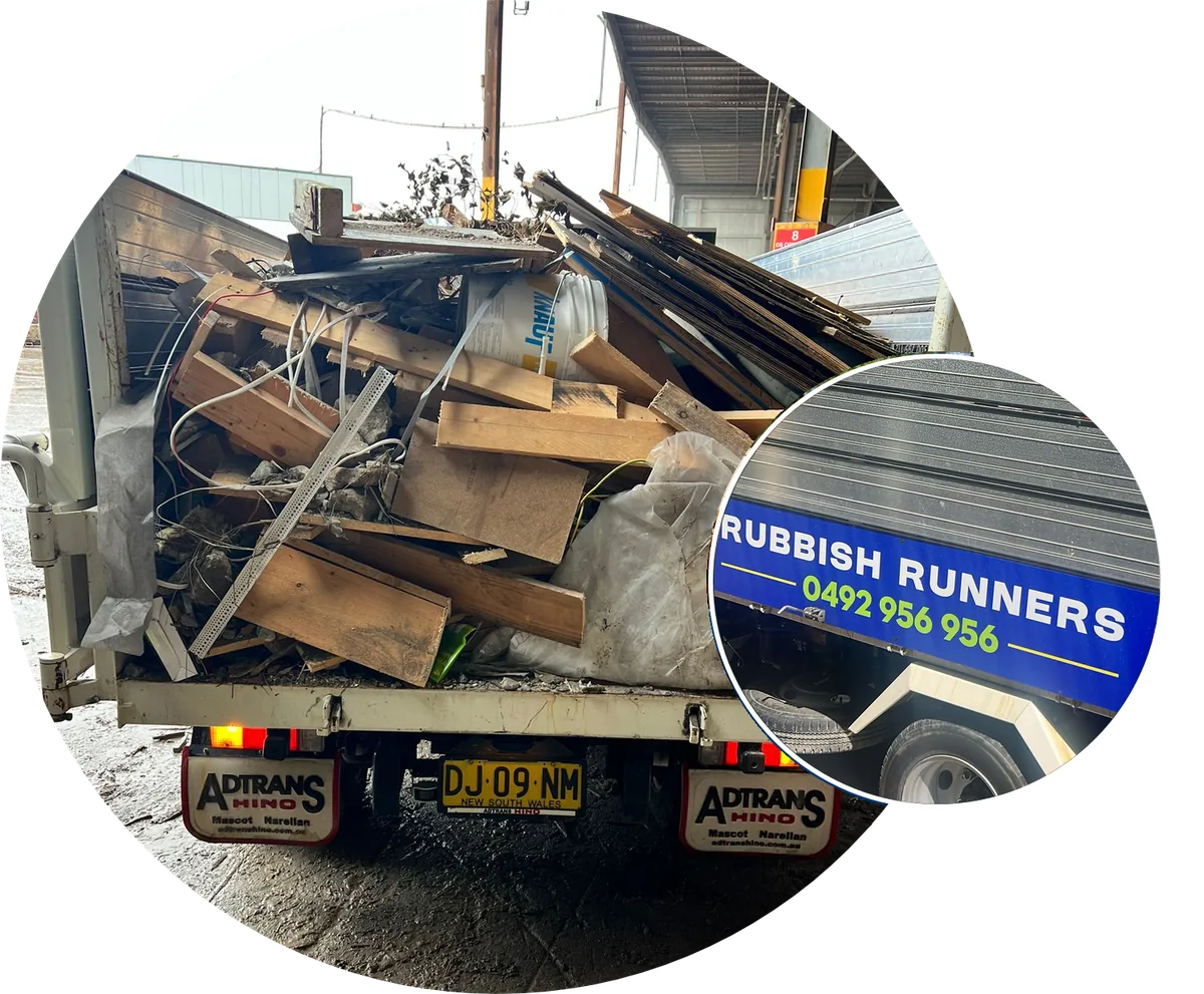 Truck loaded with commercial and building waste, with Rubbish Runners truck signage
