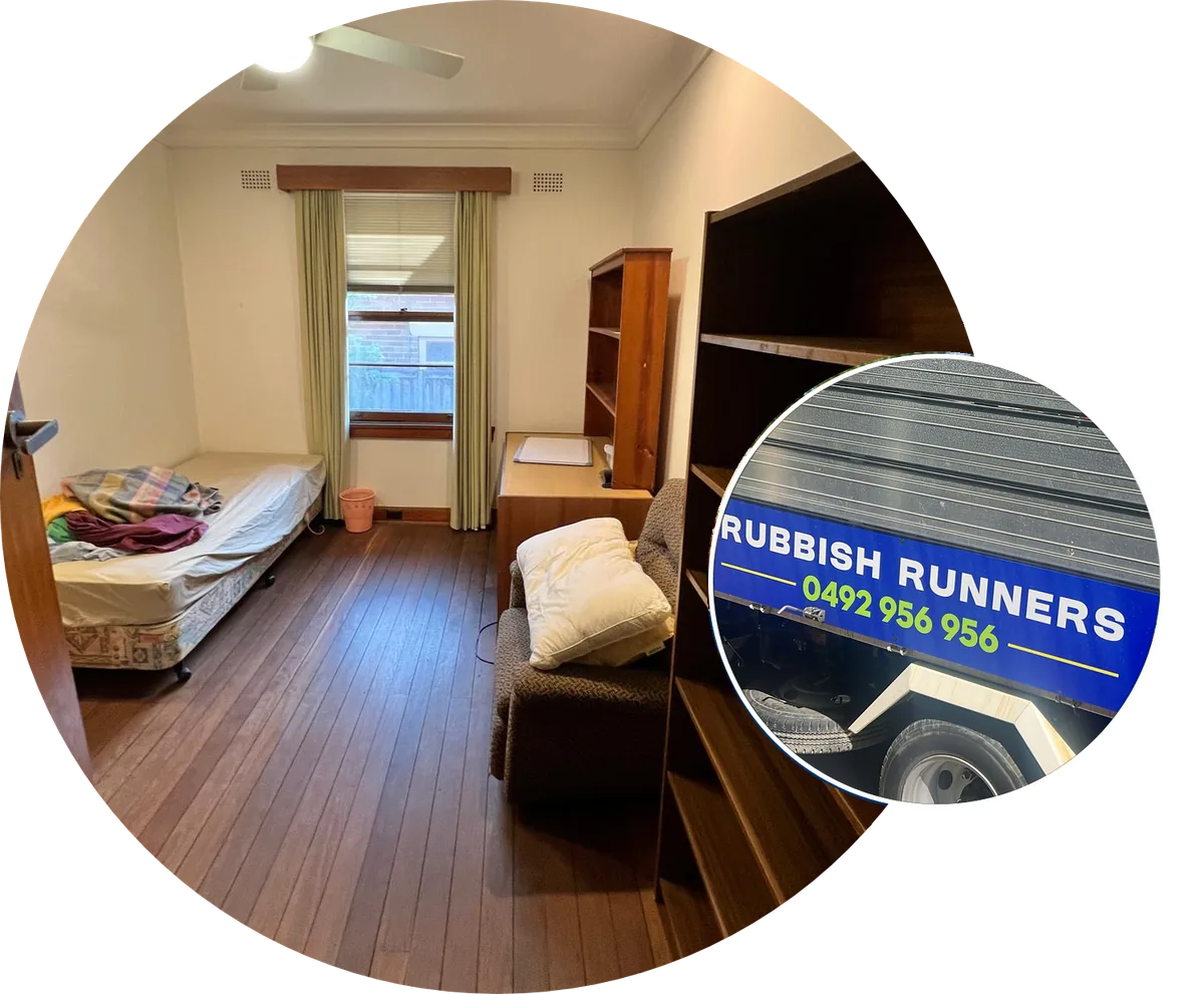 Deceased estate bedroom, with Rubbish Runners truck signage
