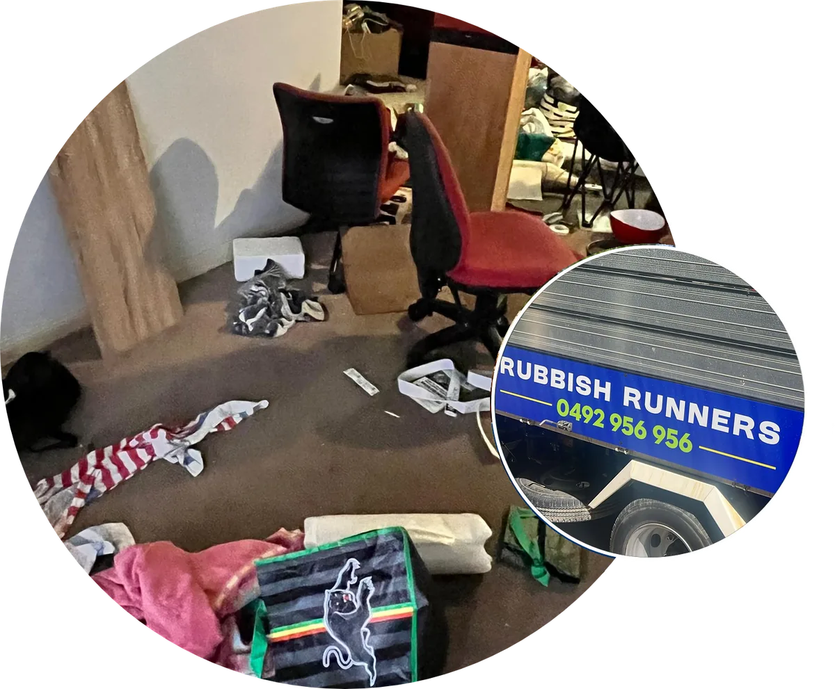Rental left full of rubbish, with Rubbish Runners truck signage