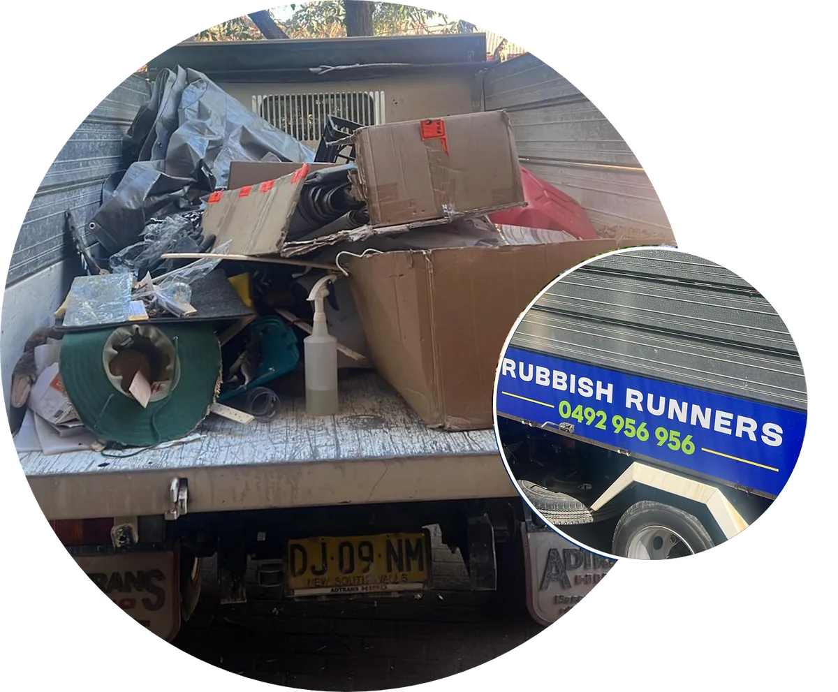 Truck loaded with rubbish, with Rubbish Runners truck signage