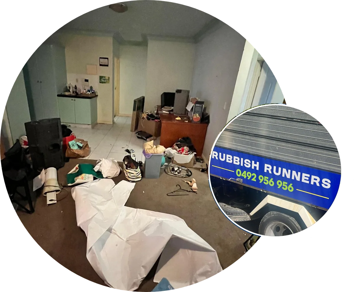 Cluttered unit during a hoarder clean-up, with Rubbish Runners truck signage