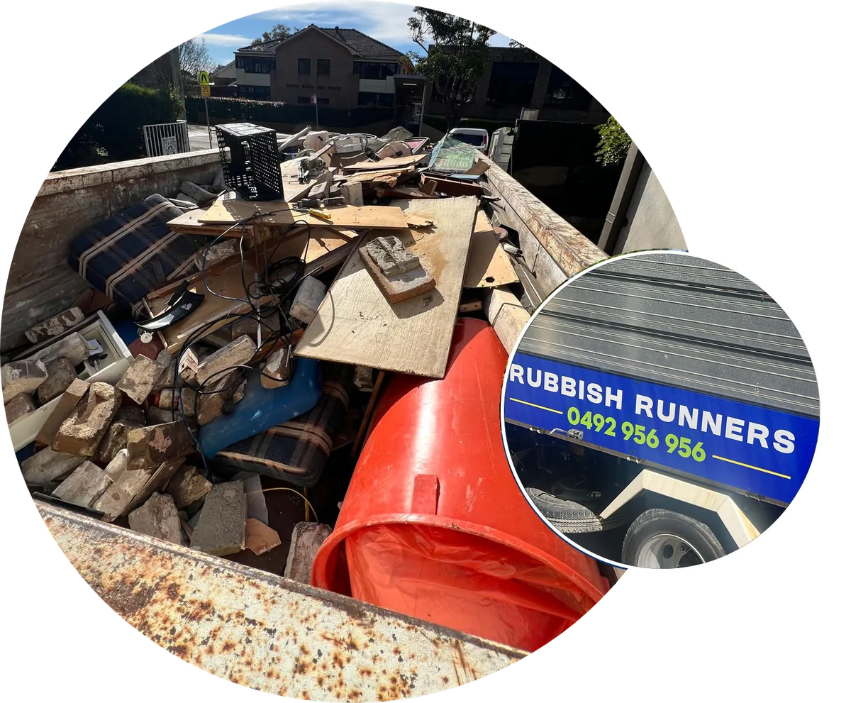 Truck loaded with renovation rubbish, with Rubbish Runners truck signage